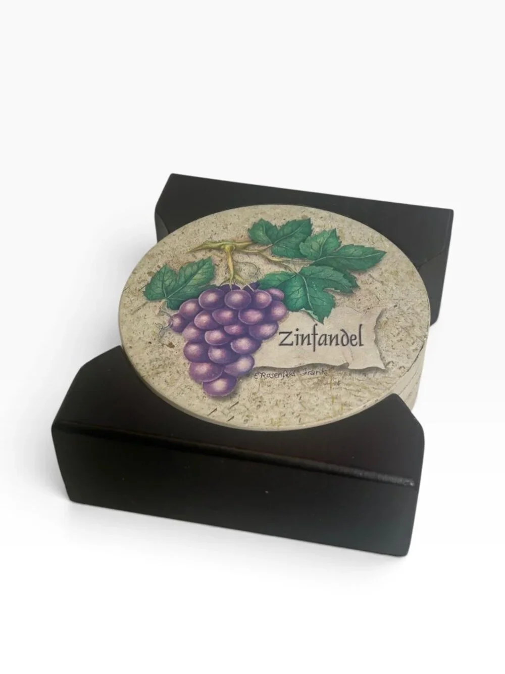 Vintage E. Rosenfeld Frank Ceramic Wine Coasters Set of 4 with Wood Caddy Holder